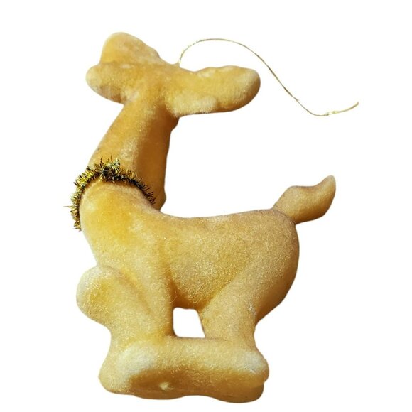 2 Vintage Flocked Moose Christmas Ornaments Reindeer Google Eyes Gold Bell 4.5" - Picture 6 of 16